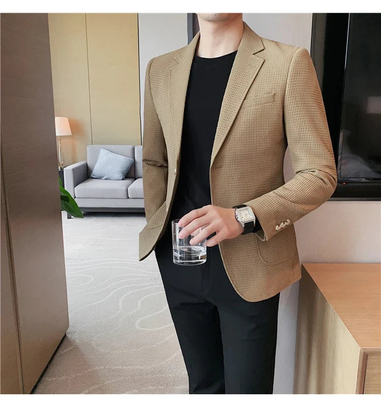 2025 Spring New Waffle Suit Coats Men Slim Fit Business Casual Blazer Jacket Homme Formal Groom Prom Wedding Tuxedo 4XL-M
