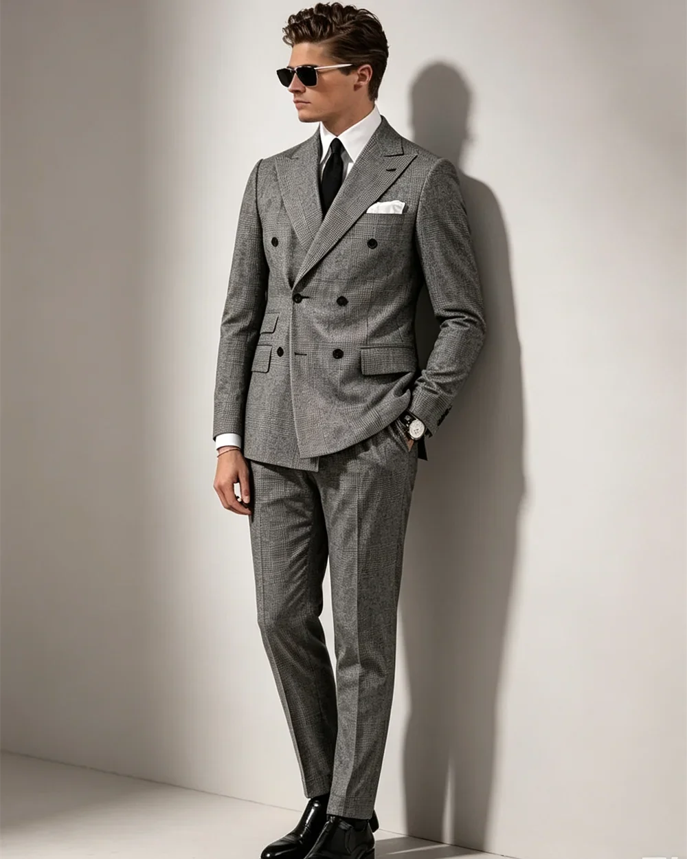 British Style Patterned Men's Suit 2 Piece (Jacket+Pants) Double Breasted Regular Fit Peak Lapel Business Wedding Banquet Suits