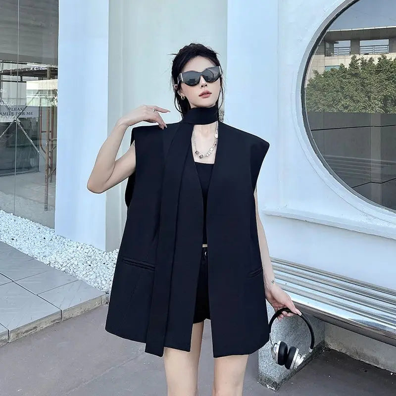 Women Black Blazer Vest Spring Autumn Casual Sleeveless Suits Jacket Female Korean All-Match Blazers Waistcoat Loose Outwear Top