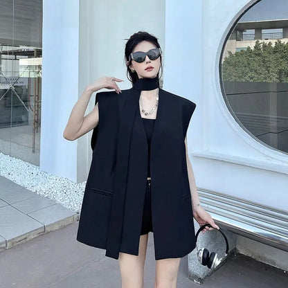 Women Black Blazer Vest Spring Autumn Casual Sleeveless Suits Jacket Female Korean All-Match Blazers Waistcoat Loose Outwear Top