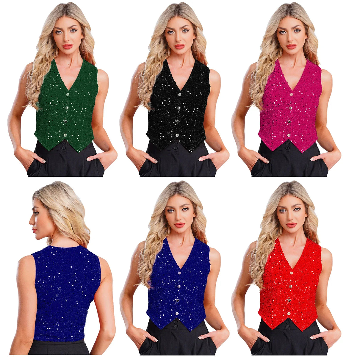 Women V-neck Sequins Vests Fashion Waistcoat Sleeveless Vest Party Tops Clubwear Lady Nightclub Disco Music Festival Outfit