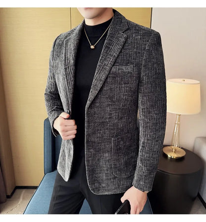 2025 Winter Chenier Thick Suit Jacket for Men Korean Slim Fit Casual Business Men Blazers Wedding Groom Office Social Dress Coat