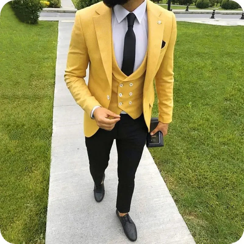 Fashion Formal Yellow Wedding Groom Men Suits 3 Pieces One Button Slim Fit Party Suit Tuxedo Costume Homme Groomsman Suits