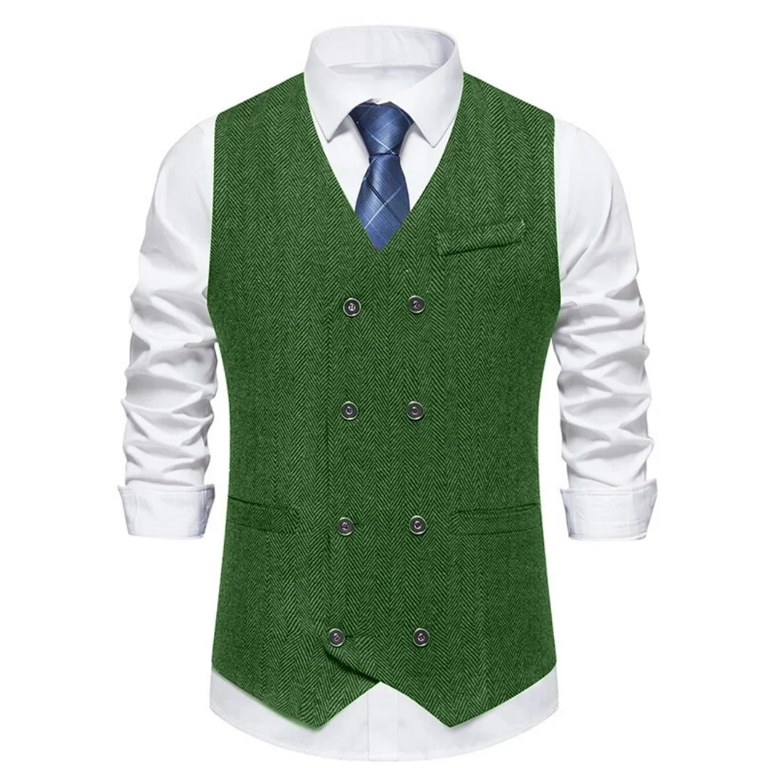 Men's Herringbone Vest Double Button V-Neck Waistcoat for Weddings & Business