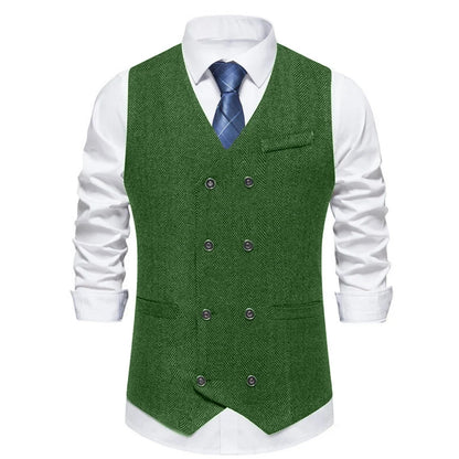 Men's Herringbone Vest Double Button V-Neck Waistcoat for Weddings & Business