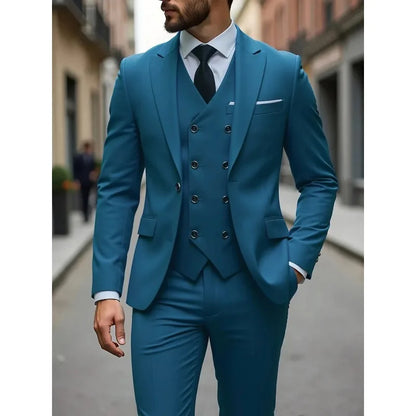 Solid Business Mens Suits Wedding Tuxedos Fashion Groom Outfit Slim Fit Peaked Lapel Prom Party Mens Suits(Jacket+Vest+Pants)