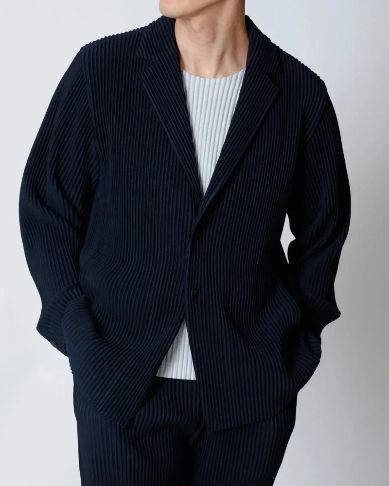 Men's Miyake Pleated Style Blazer Jacket Japanese Casual Stretch Slim Fit Business Office Fashion Luxury Wrinkle Resistant Coat