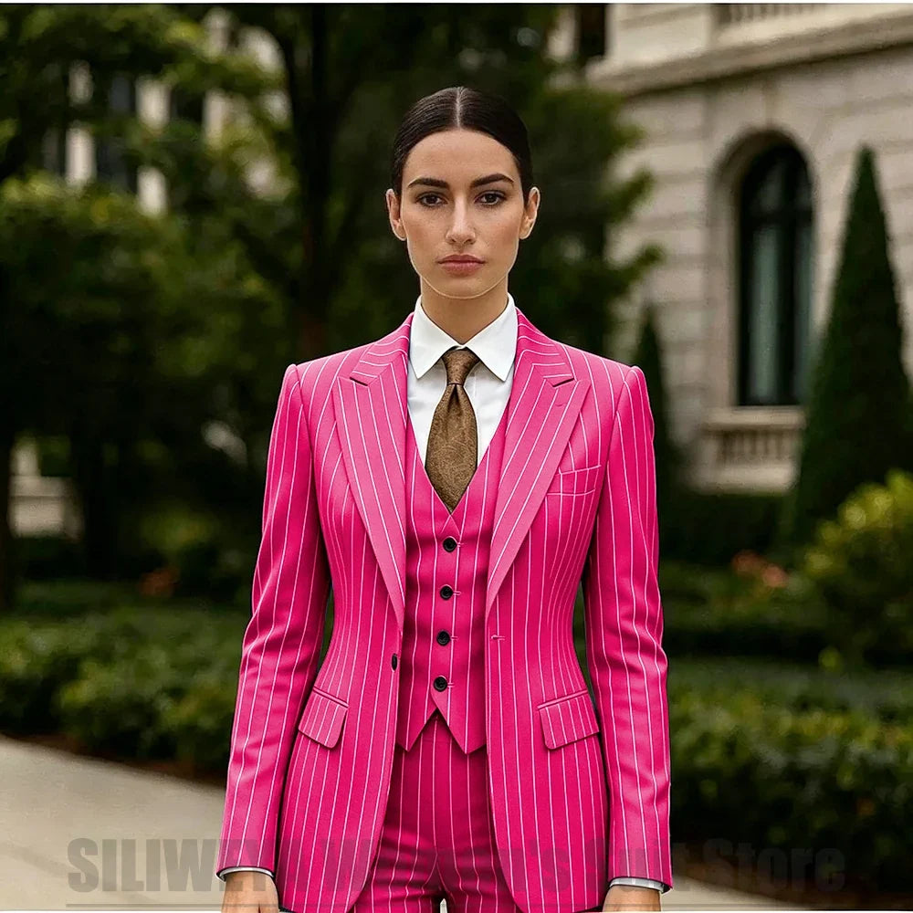 White Striped Women Suit 3 Piece Chic Peak Lapel One Button Blazer Vest Pants Formal Office Business Wedding Party Wear