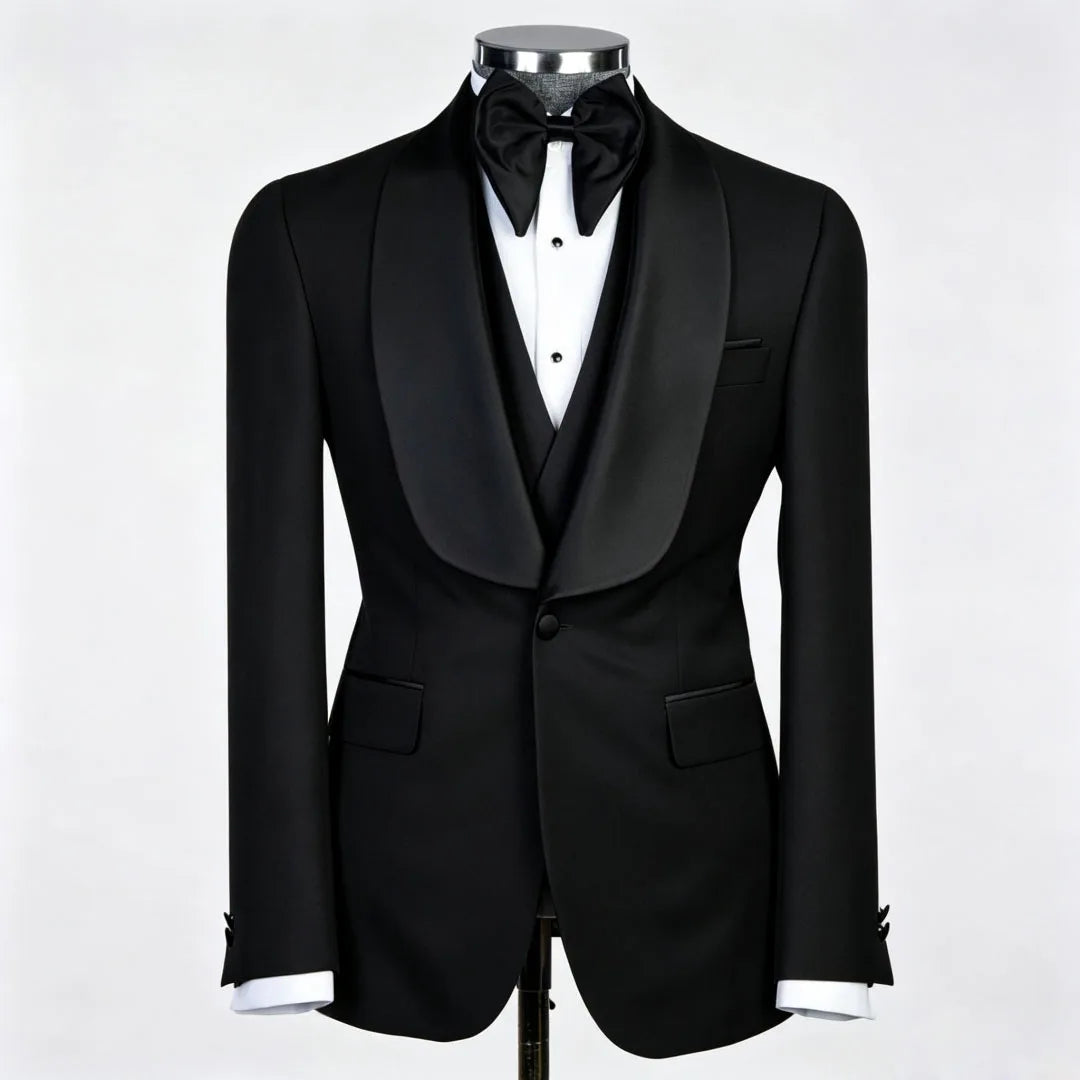 Men Suit Champagne 3 Piece With Black Lapel For Wedding Groom Banquet Party Birthday Prom Business Work Office Jacket Vest Pants