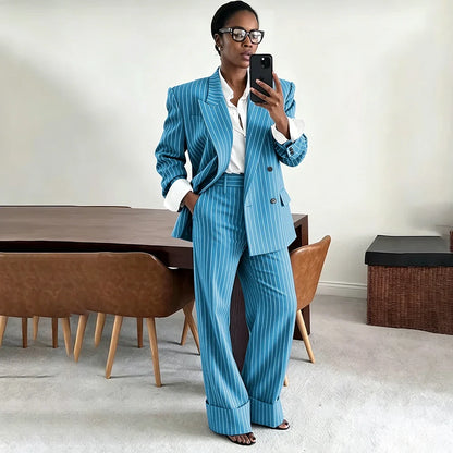 Neutral Gray Pinstripe Oversized Matching Sets Double Breasted Women's Suit Casual Formal 2-Piece(Jacket+Pants) Office Set