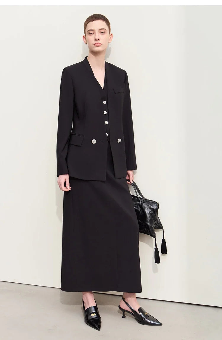 Minimalism Blazers For Women 2026 Autumn New Commuter V-neck Heart-shaped Buckle Shoulder-pad Professional Jackets 12453042