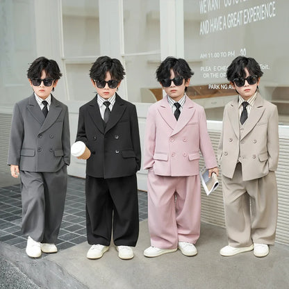 School Boys Double Breasted Blazer Suit Set with Wide Leg Pants Formal Streetwear Outfit for Kids Toddlers Wedding Birthday Part