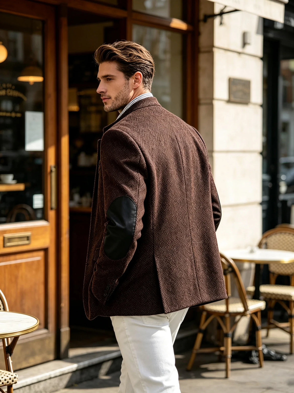 Vintage Men's Mandarin Collar Herringbone Tweed Blazer with Leather Elbow Patch Wool Blend Business Casual Slim Fit Suit Jackets