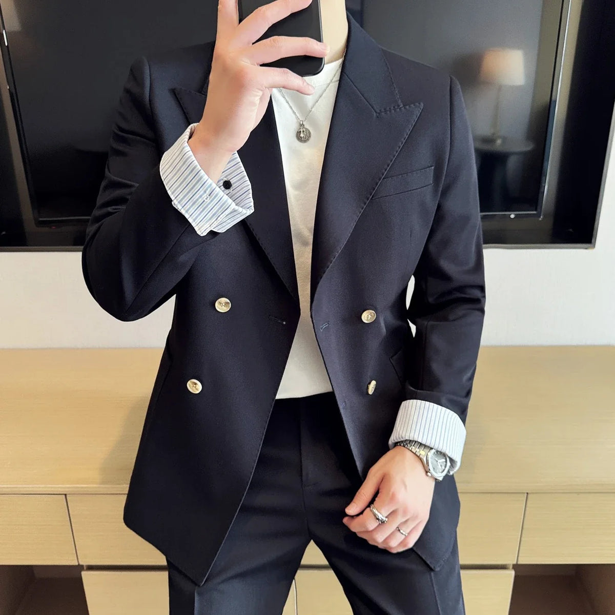 Korean Style Double Breasted Suit Jacket for Men Fashion Casual Business Suit Jackets Office Social Banquet Blazer Masculino