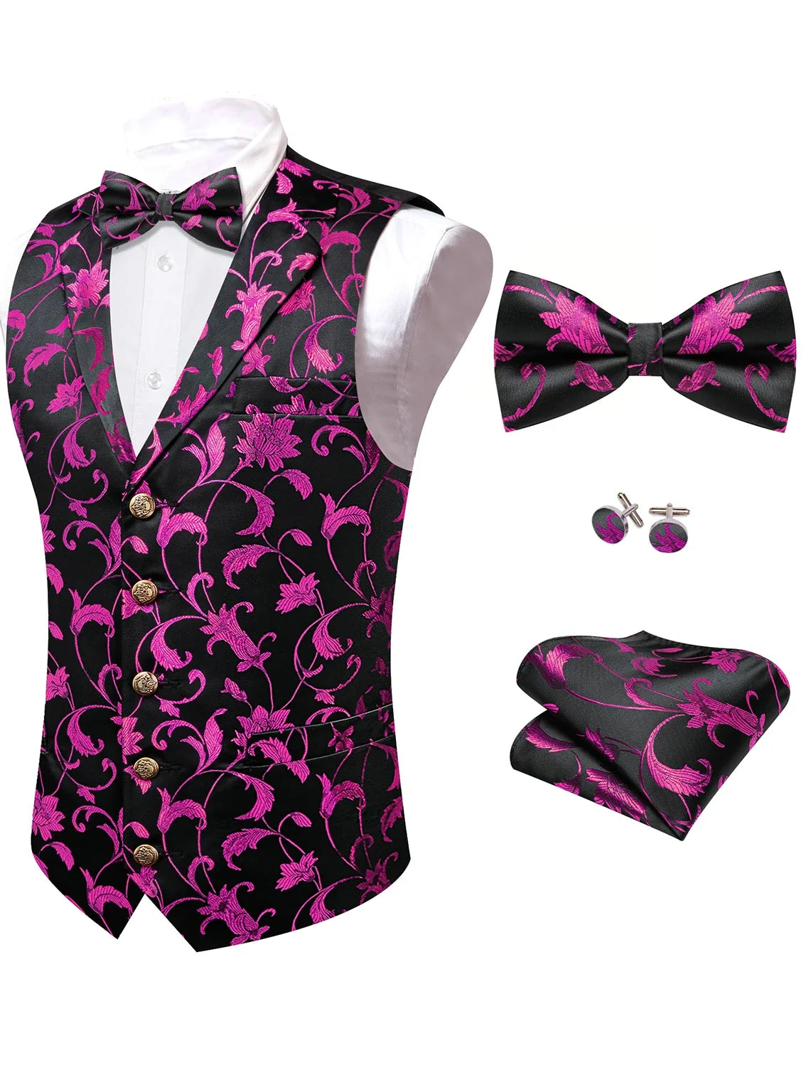 Men's Red Jacquard Floral Vest Notched Lapel Collar – Formal Waistcoat & Bowtie Set