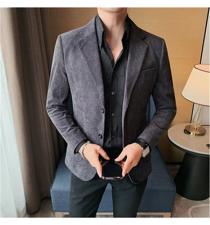 2023 Fashion Men's Corduroy Blazers Top Quality Business Casual Suit Jackets Slim Fit Wedding Groom Streetwear Social Dress Coat