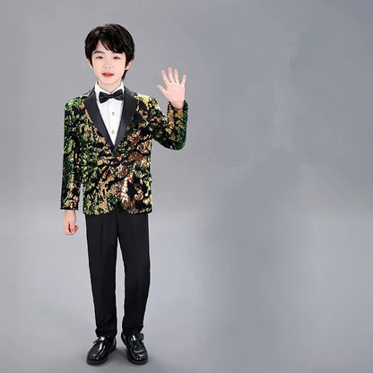 Kids Piano Wedding Birthday Tuxedo Dress Children's Shining Sequins Stage Show Photography Suit Boys Performance Costume