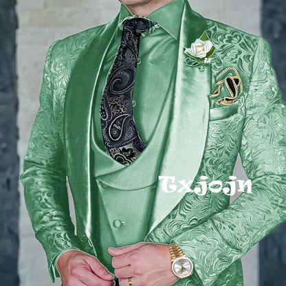 Exquisite jacquard Men's 3-piece Suits Wedding Groom Sets Handsome Shawl Lapel Suit Set Dancing Wear Formal Tuxedo For Business