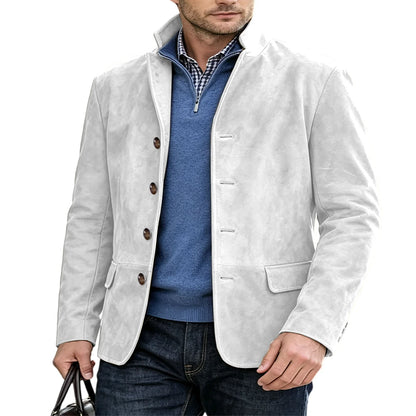 Men's Suede Blazer Single Breasted Slim Fit Classic Stand Collar Suit Jacket for Weddings & Daily Wear