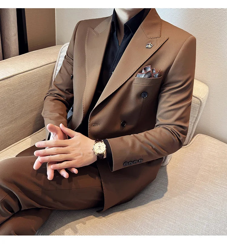 (Blazer + Trousers) Fashion Double Breasted Design Slim Men's Suit Italian Style Luxury Wedding Social Party Tuxedo 2 Piece Set