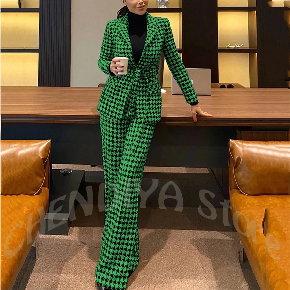New Houndstooth Suit Two Pieces Regular Fitted Straight Peaked Lapel Fashion Jacket with Blazer Elegant Lady Sets Customized