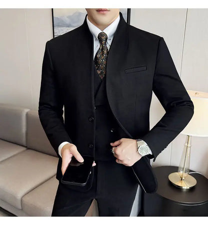Men's 3-Piece Slim Fit Stand Collar Suit – Wedding, Prom & Office Formal Set