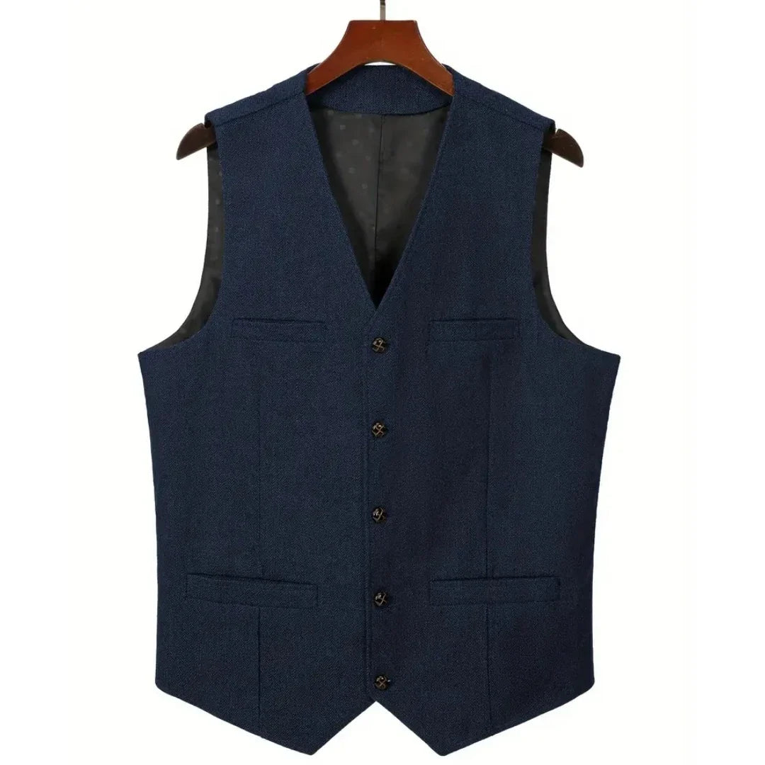 Men's Herringbone Suit Vest – V-Neck Single Button Waistcoat for Weddings, Business & Smart Casual Wear