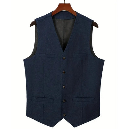 Men's Herringbone Suit Vest – V-Neck Single Button Waistcoat for Weddings, Business & Smart Casual Wear