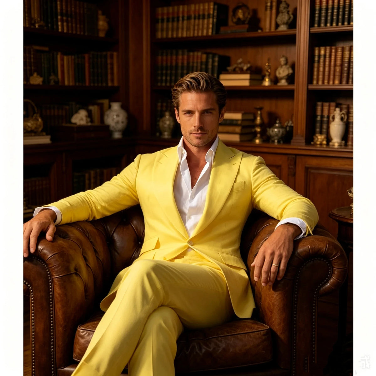 Men's Suit Yellow 2 Piece Set Peak Lapel Slim Fit Single Breasted Casual Comfortable Suit Formal Groom Best Man Dress for Party