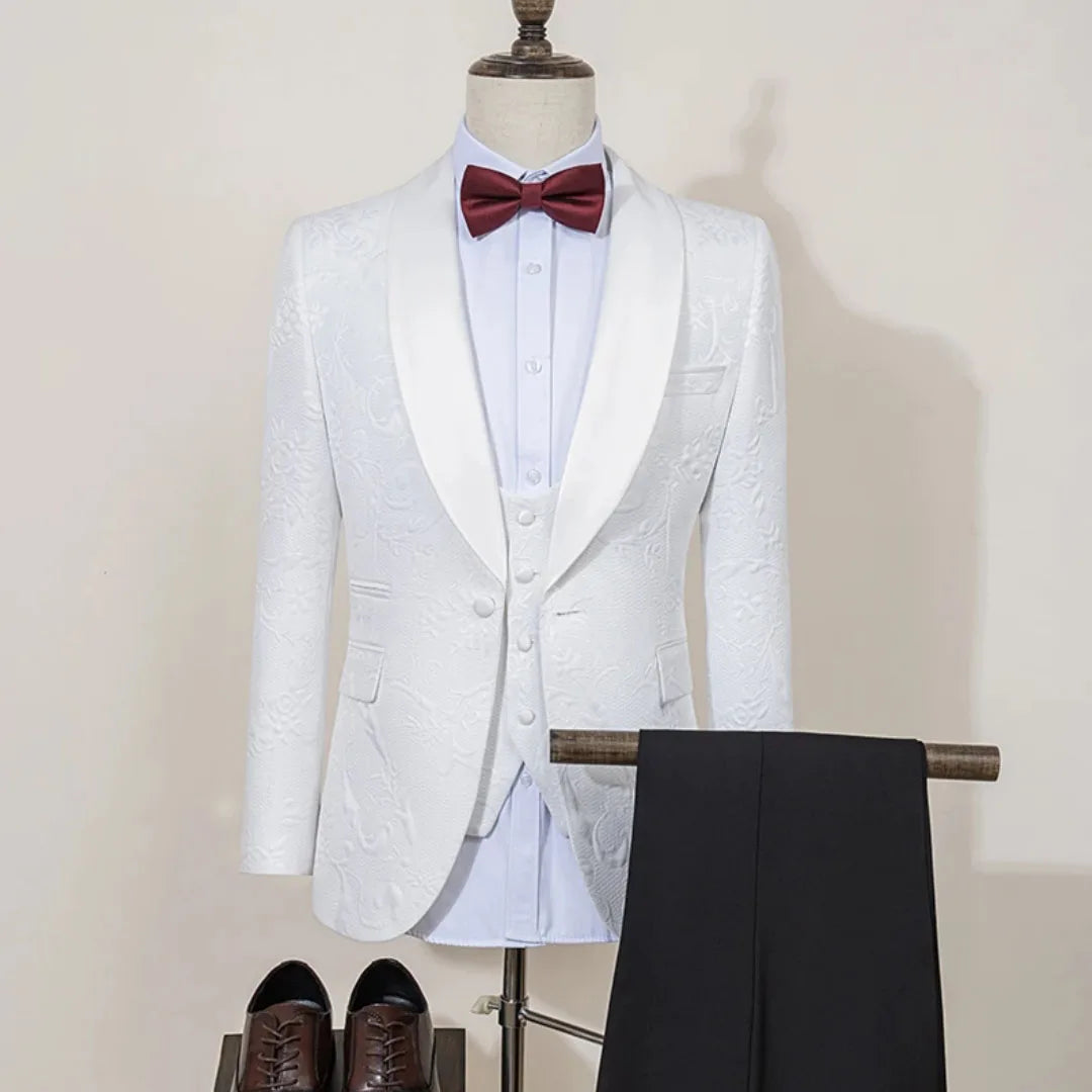 Men Suit 3 Pieces White With Black Lapel Pattern Single Button For Wedding Business Banquet Party Office Jacket Vest Pnats
