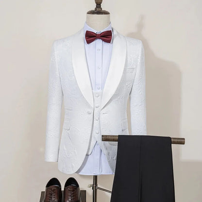 Men Suit 3 Pieces White With Black Lapel Pattern Single Button For Wedding Business Banquet Party Office Jacket Vest Pnats