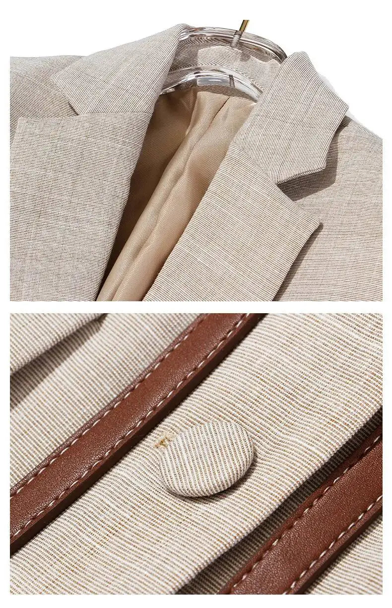 Women Blazer Contrast Color Spliced PU Leather Belted Slim Fit Single Breasted Elegant Urban High-end Jacket Spring HK10667