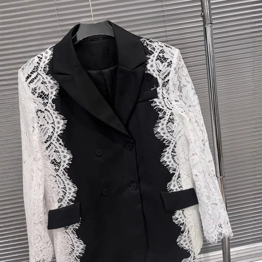 Women Chic Blazer Lace Patchwork Color Block Notched Collar Double Breasted Elegant Trendy Jacker New Spring Autumn HK20168