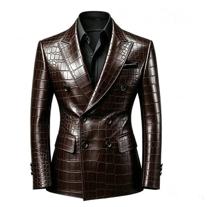 Men's Crocodile Embossed Leather Blazer Jacket Slim Fit Double Breasted Formal Suit Coat for Business Office Wrok Banquet Party