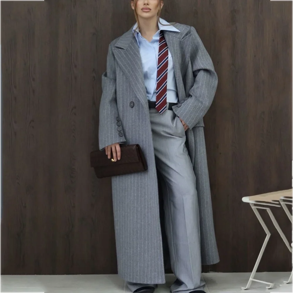 Chic Grey Stripe Women's Peak Lapel Long Blazer Pants Oversized Straight Fitted Autumn Winter Casual Elegant Outerwear