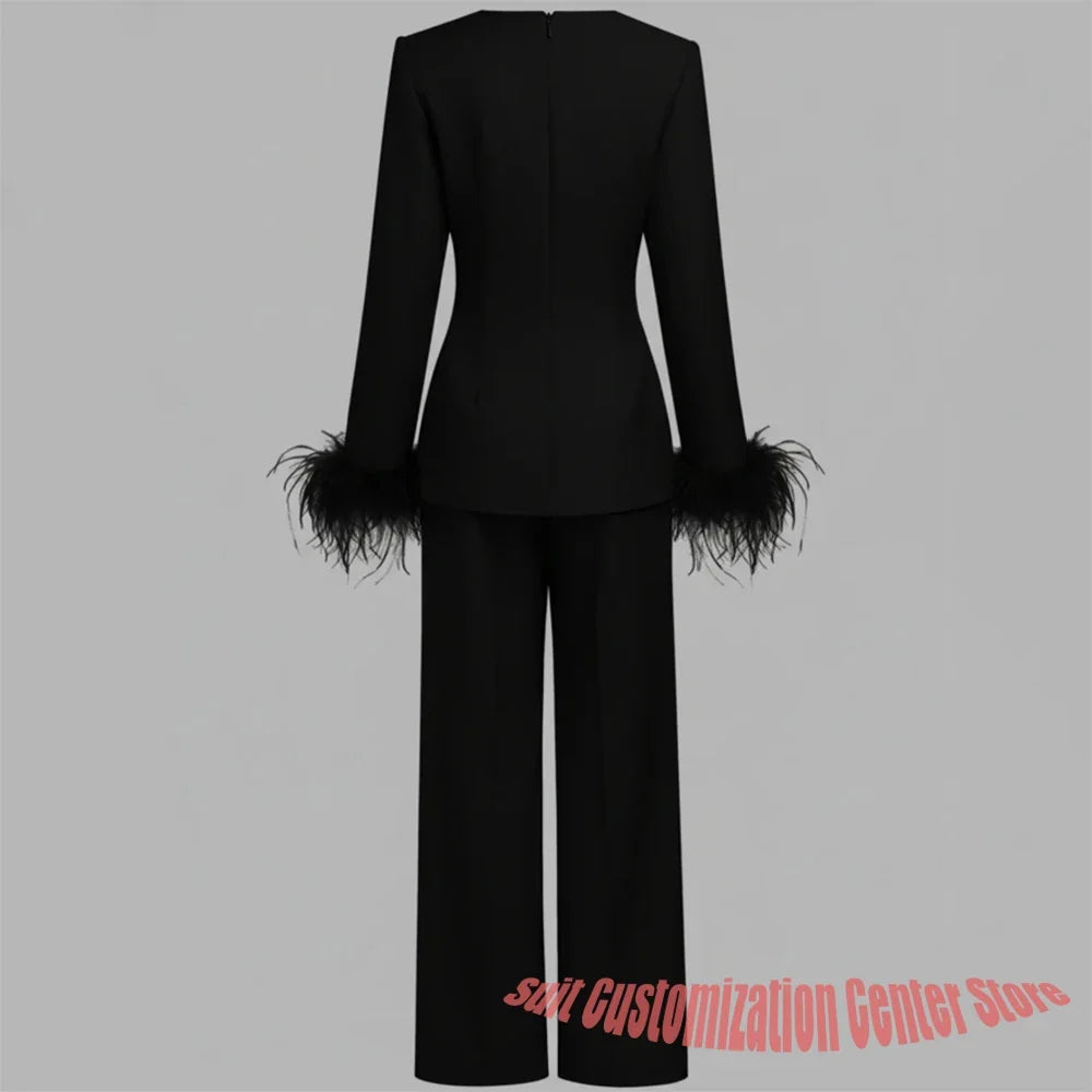 Black Woman Clothes Long-Sleeve Blazer with Feather Cuff Details and Matching Trousers Luxe Evening or Cocktail Suit Ensemble