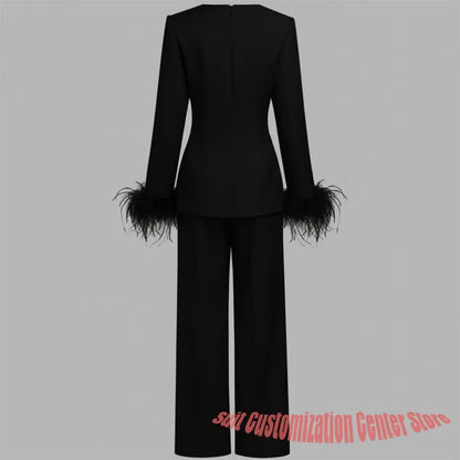 Black Woman Clothes Long-Sleeve Blazer with Feather Cuff Details and Matching Trousers Luxe Evening or Cocktail Suit Ensemble