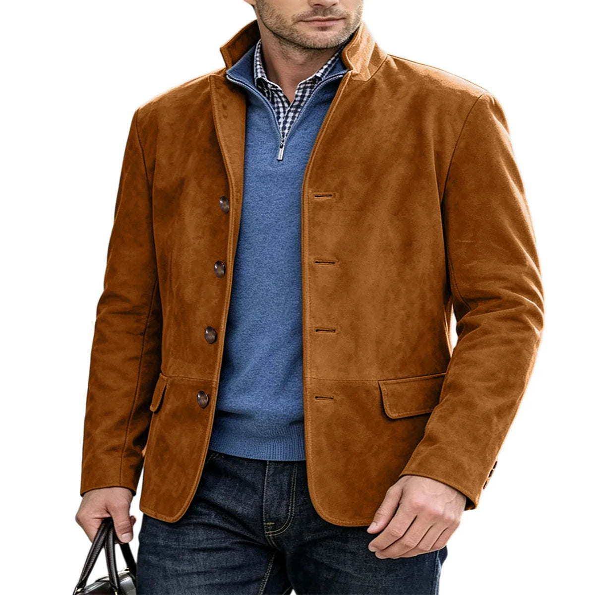 Men's Suede Blazer Single Breasted Slim Fit Classic Stand Collar Suit Jacket for Weddings & Daily Wear