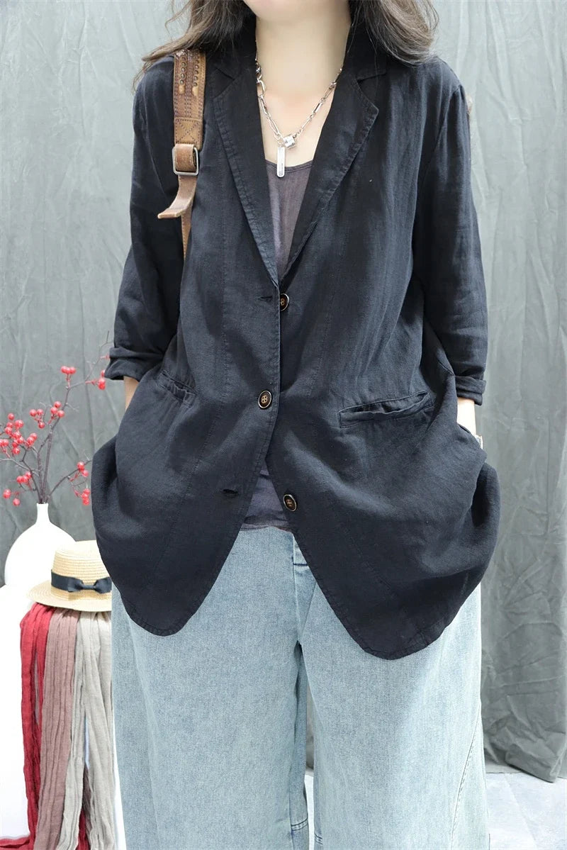 2026 Autumn New Style Women's Casual Pure Color Linen Long Sleeve Retro Fashionable Versatile Suiting Jacket Classic All-Match