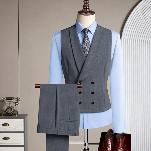 Men's Striped Three-Piece Suit – Single Breasted Formal Set for Wedding & Banquet