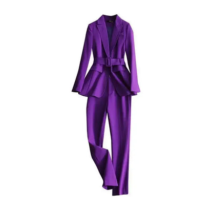 Two Piece Formal Suits Fashion Suit Office Ladies Women's Pantsuit Purple Business Classic with Belt Blazer Straight Pants Set