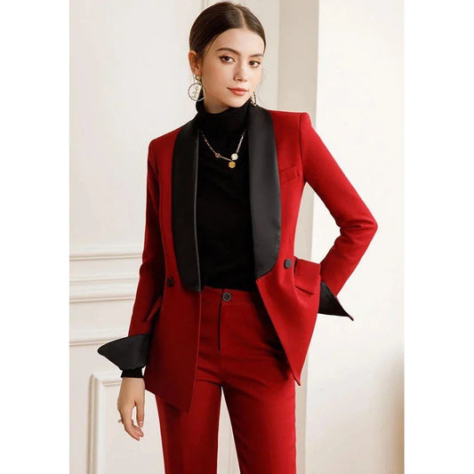 Fashion Red Women Pants Set High-end Two Button Black Collar Female Two Pieces(Blazer+Trousers)أطقم بناطيل