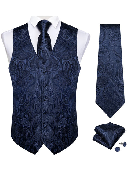 Men's Paisley Waistcoat Set – Single Breasted Formal Vest with Necktie and Pocket Square for Weddings and Business Events
