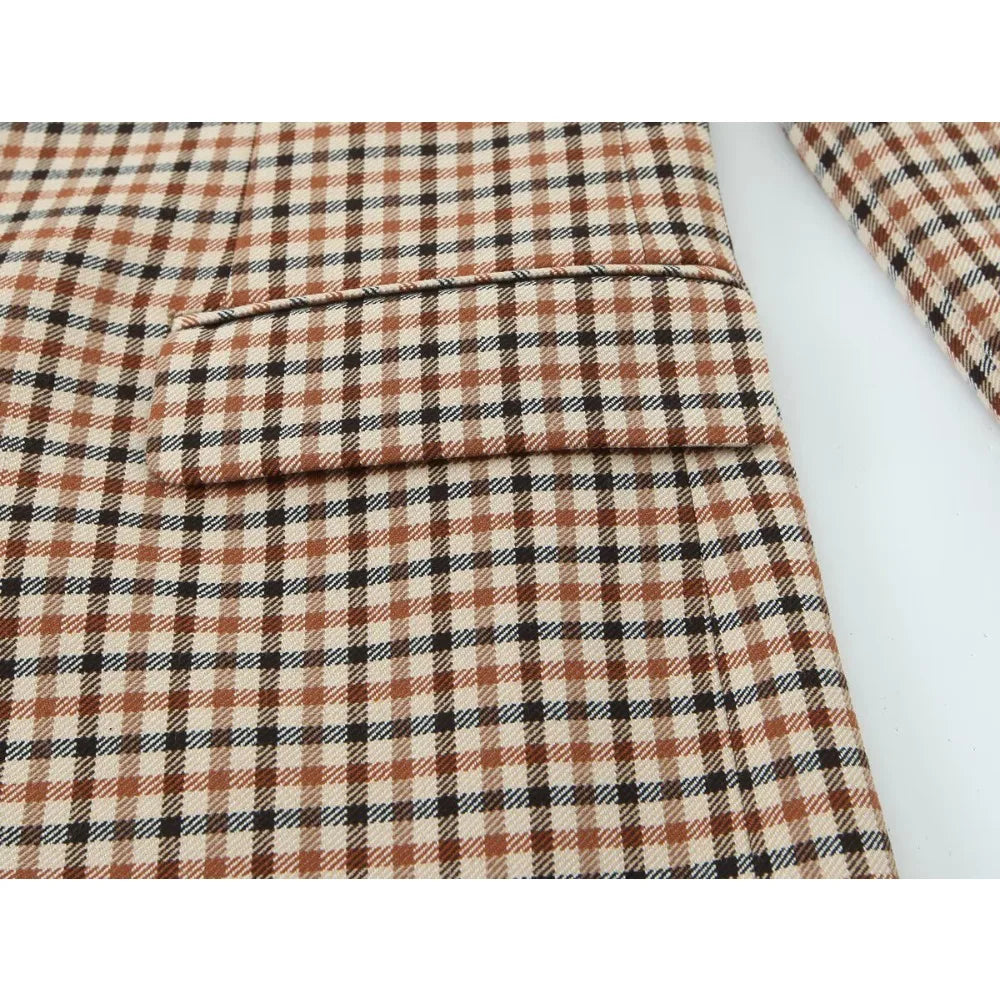 Stylish Plaid Pant Suits for Women New in Commuting Style Two Pieces Straight Plaid Blazer Matching Tonal Pleated Wide Leg Pants