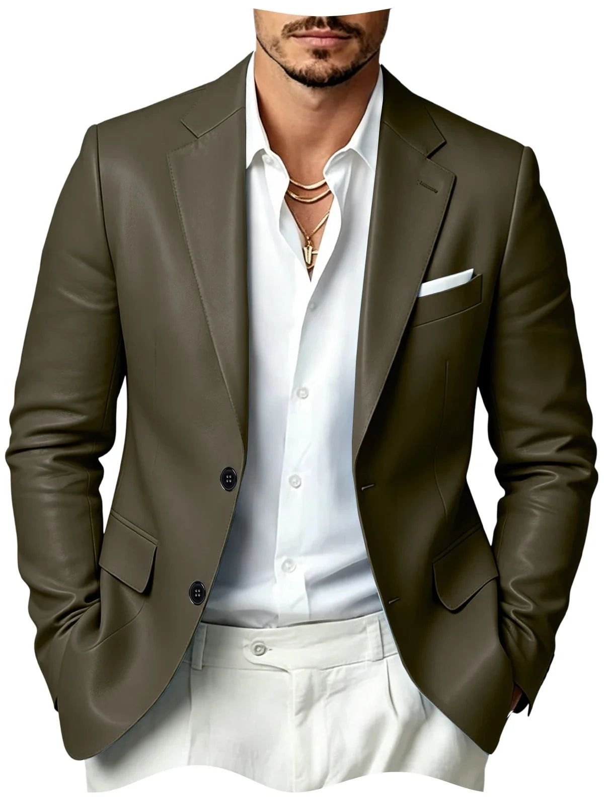 Men's Faux Leather Blazer Slim Fit 2 Button Notched Lapel Suit Jacket Business Formal Leather Sport Coat For Wedding Party