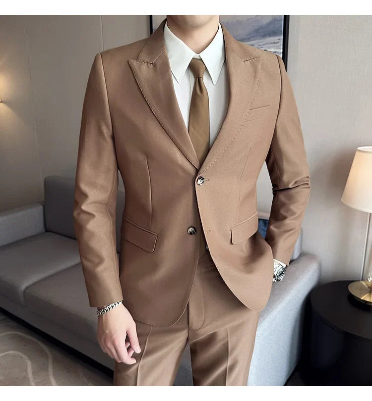 Jacket + Pants 2 Pieces Men's Elegant Fashion Slim Fit Suits Formal Business Wedding Tuxedos Casual Gentleman Solid Dress Suit