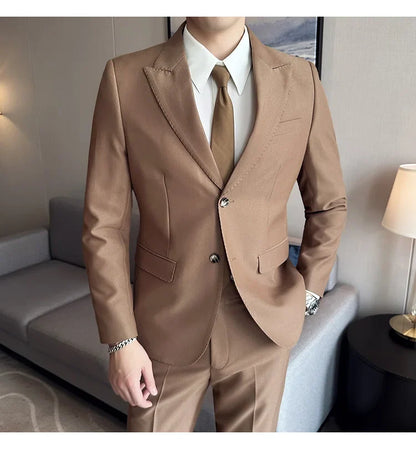 Jacket + Pants 2 Pieces Men's Elegant Fashion Slim Fit Suits Formal Business Wedding Tuxedos Casual Gentleman Solid Dress Suit