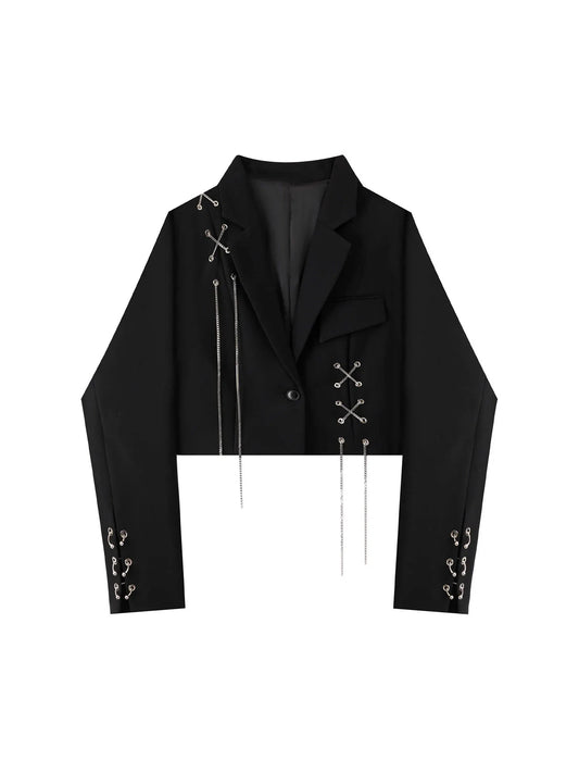 Women's Black Gothic Cropped Blazer Coat Vintage Harajuku Emo 2000s Vestes Femme Long Sleeve Suit Jacket Outerwear Top Clothing