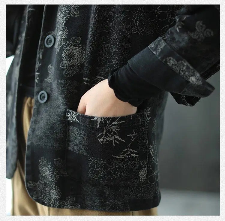 Women's Retro Chinese Style Denim Jacket Bamboo Flower Print Casual Loose Single Breasted Jean Blazer Women Vintage Outerwear