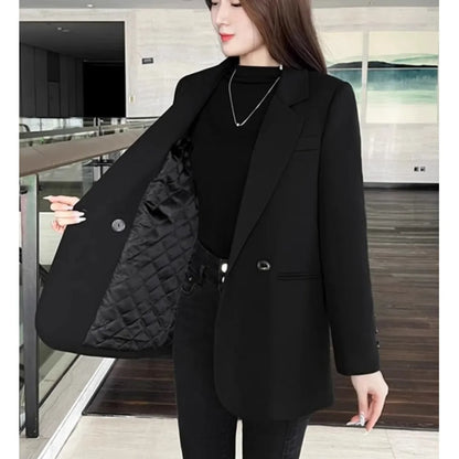 Women's Short Suit Jacket Thickened Cotton Korean Style Long Sleeve Daily Wear Polyester Fiber Short Length Mid-Length